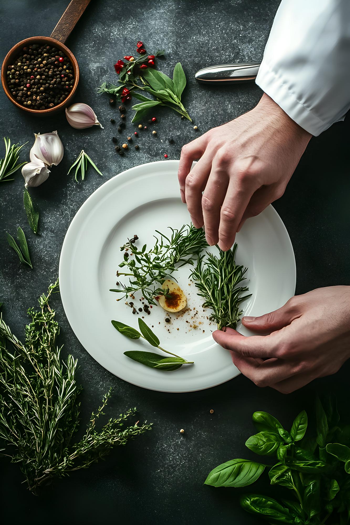 chef preparing plated dish on wooden table